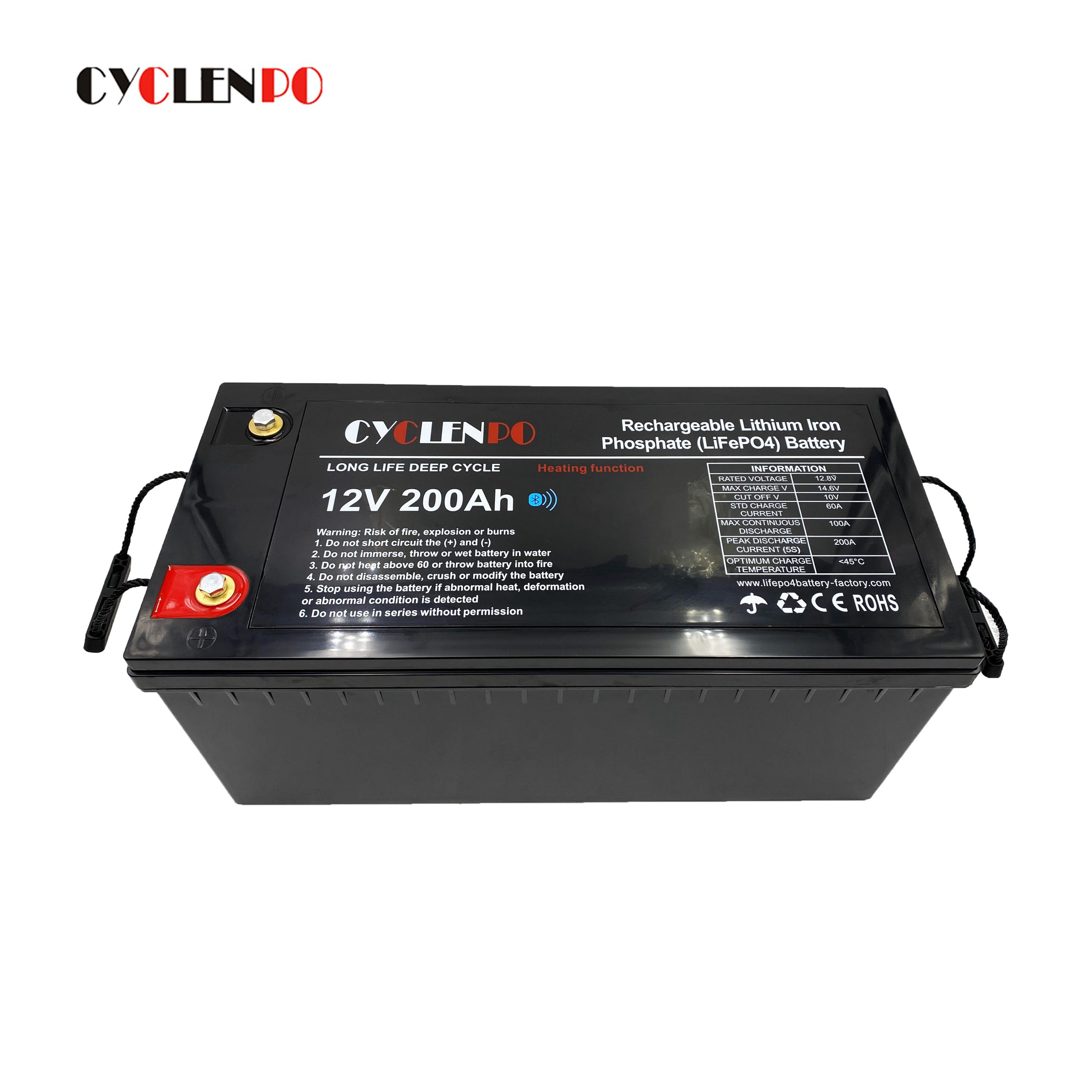 Self heating 12v 200AH Bluetooth LiFePO4